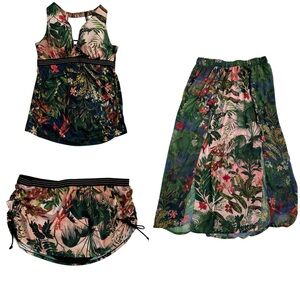 CACIQUE Havana Tropical Floral 3pc Swim Set Tankini/Briefs/Maxi Skirt (38DD/18‎)